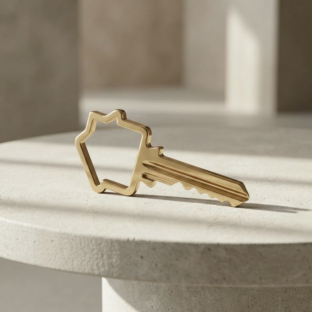 Bloggbild om fastigheter: modern villa med säljskylt och mäklare som håller nyckel