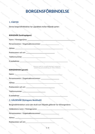 Skannad A4-sida med rubriken Borgensförbindelse, sida 1 av 4 med text och signaturfält