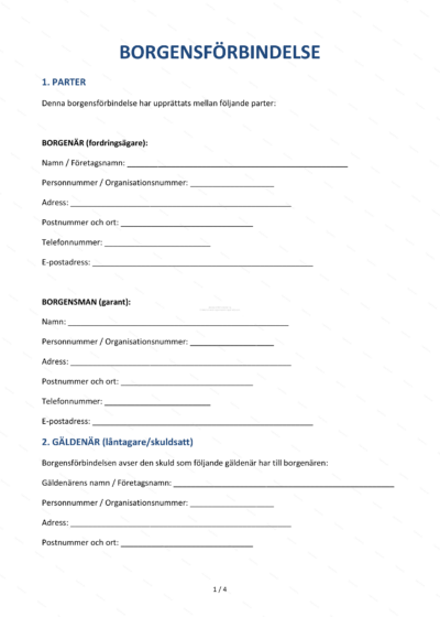 Skannad A4-sida med rubriken Borgensförbindelse, sida 1 av 4 med text och signaturfält