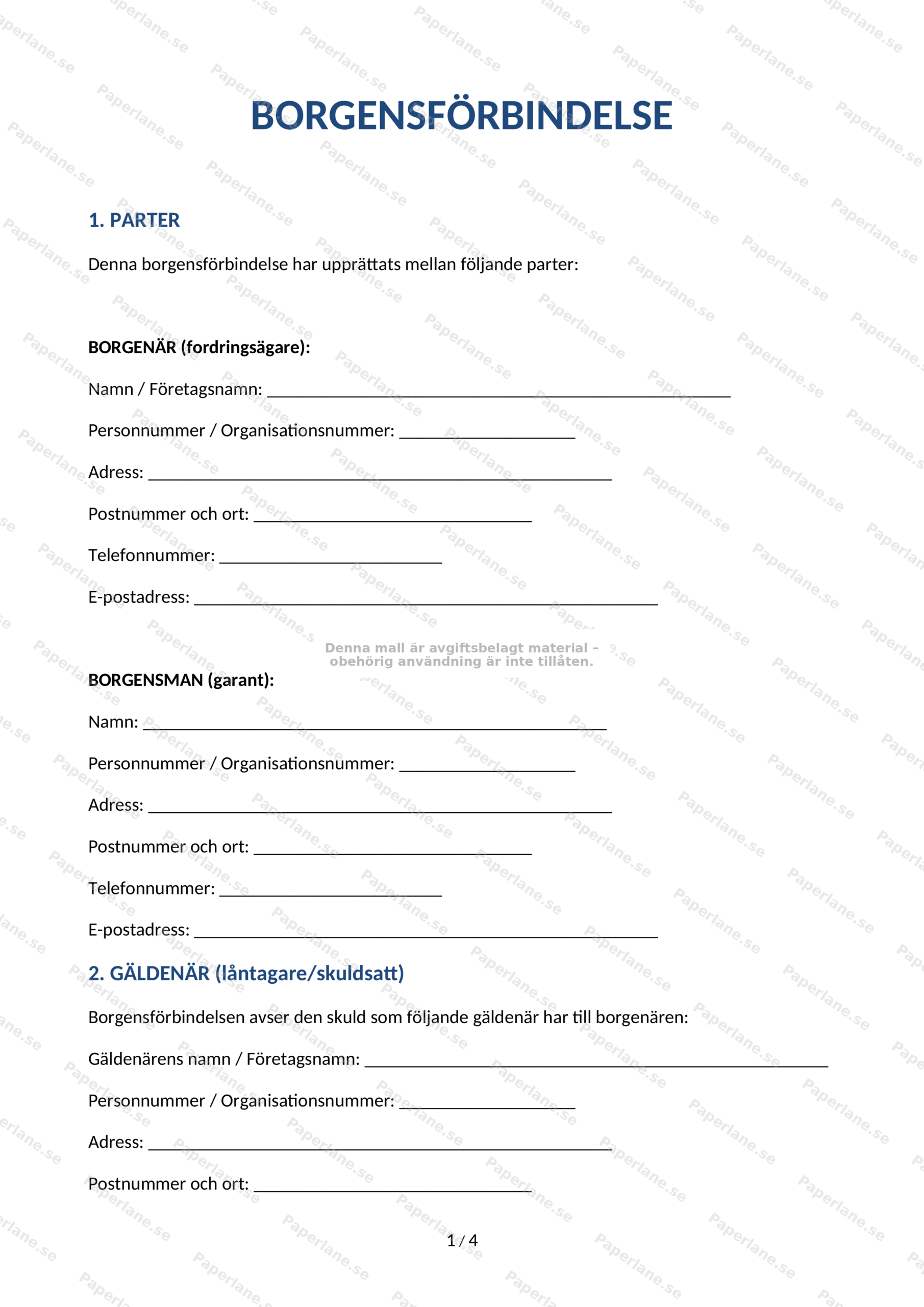 Skannad A4-sida med rubriken Borgensförbindelse, sida 1 av 4 med text och signaturfält