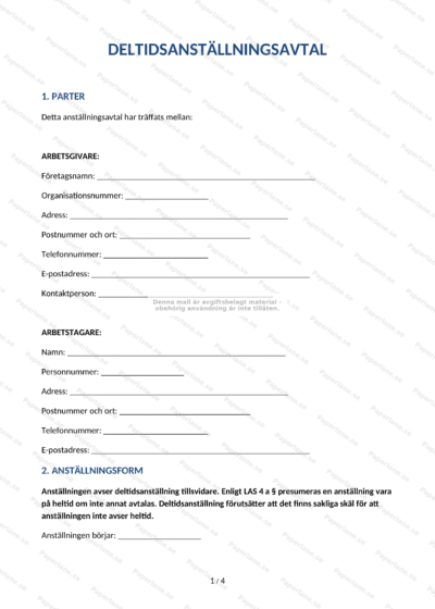 Första sidan av deltidsanställningsavtal på A4, utskrivet dokument med text och signaturfält