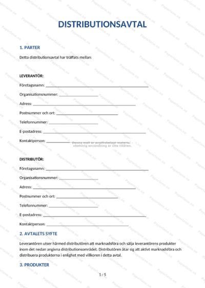 Första sidan av distributionsavtal på A4 (sida 1 av 4), skannat dokument