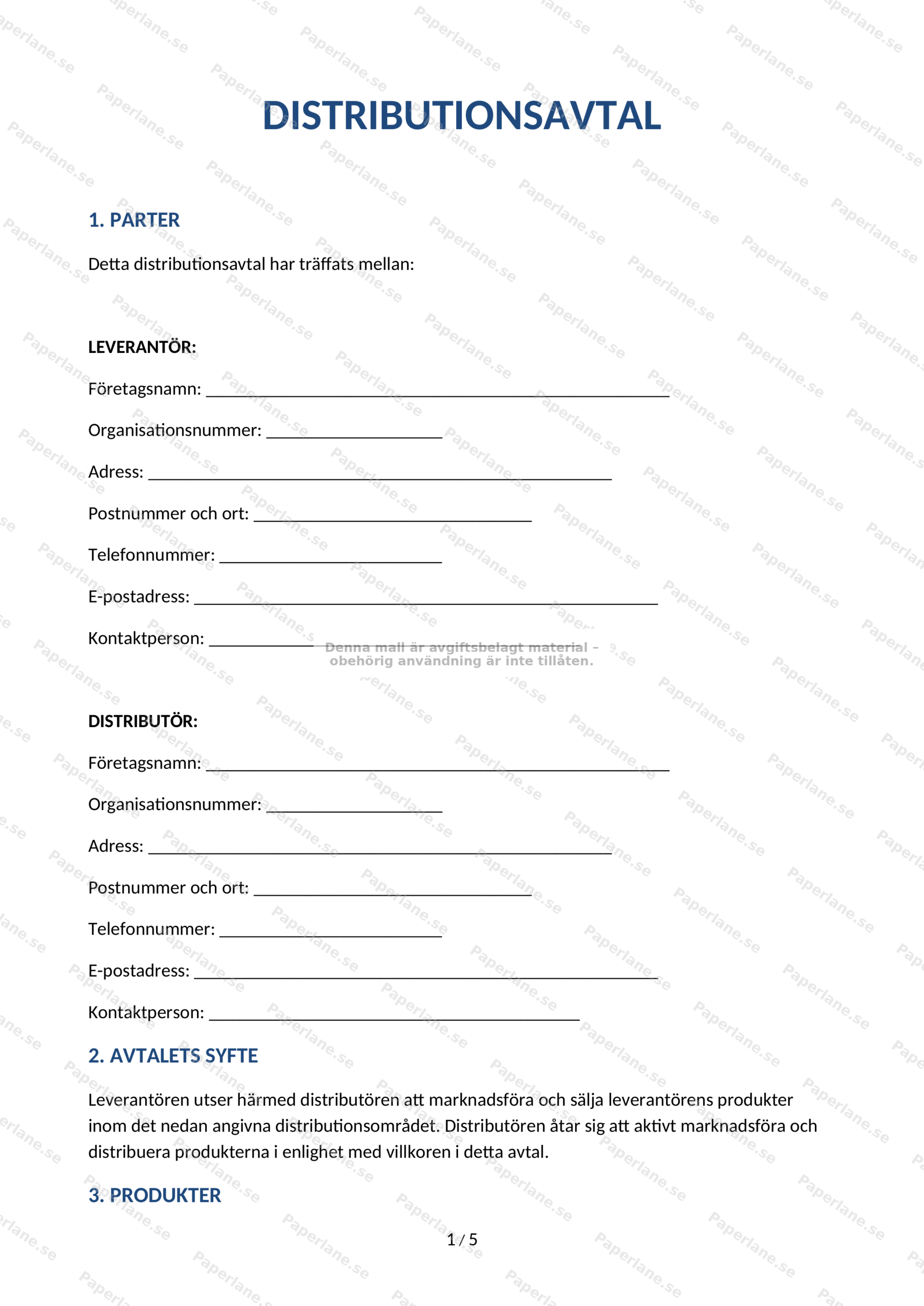 Första sidan av distributionsavtal på A4 (sida 1 av 4), skannat dokument