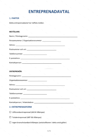 Första sidan av ett entreprenadavtal i A4-format med rubriker och signaturfält