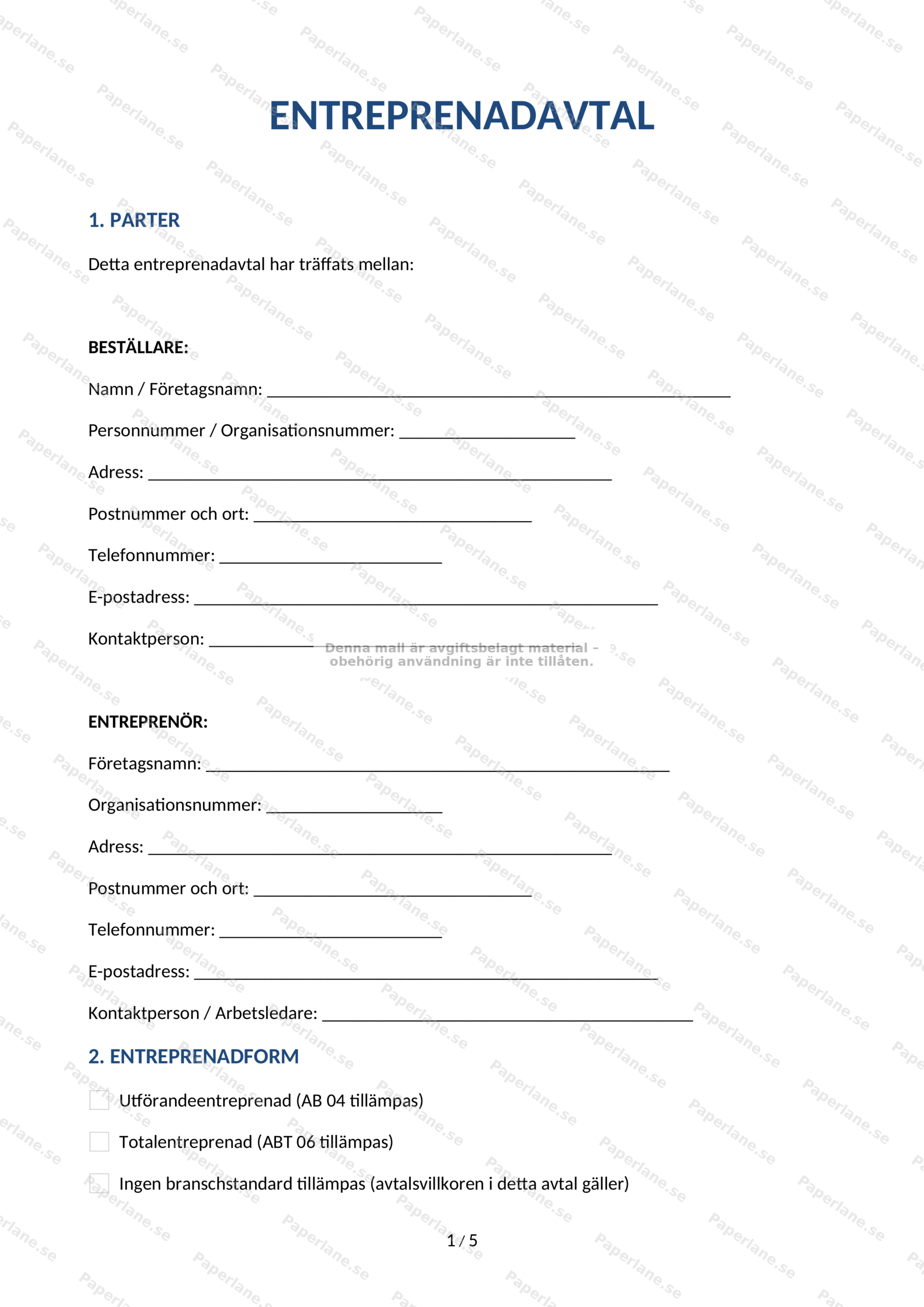 Första sidan av ett entreprenadavtal i A4-format med rubriker och signaturfält