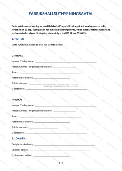 Första sidan i A4-utskrift av fabrikshallsuthyrningsavtal (sida 1 av 4), skannad dokumentsida med text och rubriker