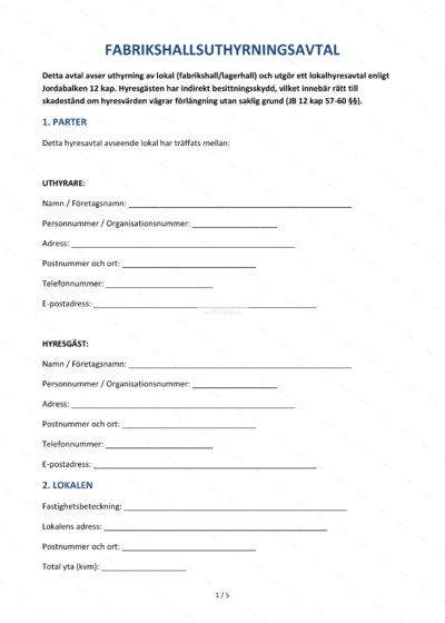 Första sidan i A4-utskrift av fabrikshallsuthyrningsavtal (sida 1 av 4), skannad dokumentsida med text och rubriker