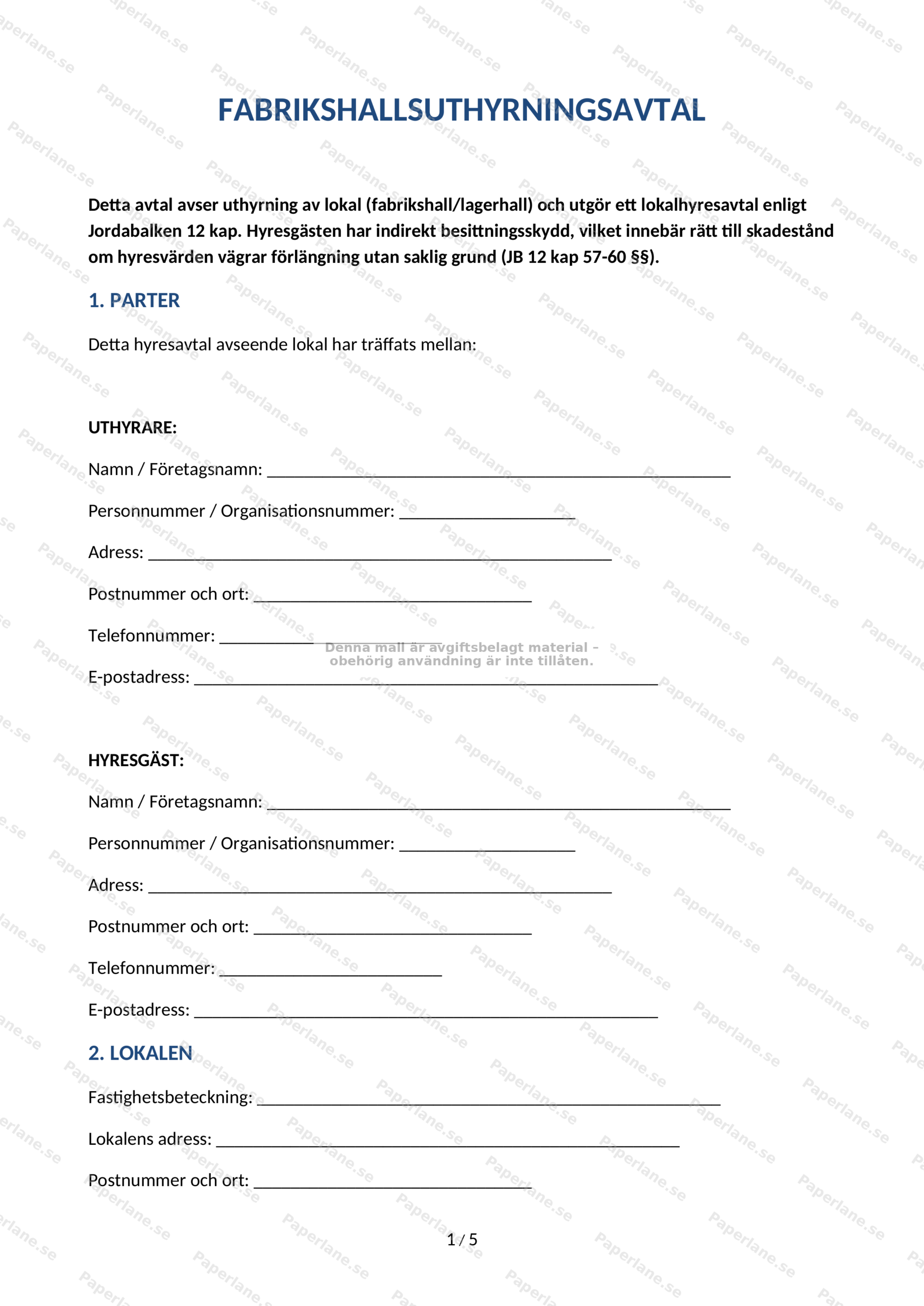 Första sidan i A4-utskrift av fabrikshallsuthyrningsavtal (sida 1 av 4), skannad dokumentsida med text och rubriker