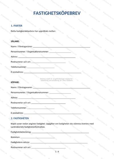 Första sidan av ett fastighetsköpebrev på A4 (sida 1 av 4) med tryckt avtalstext