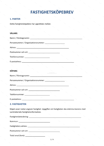 Första sidan av ett fastighetsköpebrev på A4 (sida 1 av 4) med tryckt avtalstext