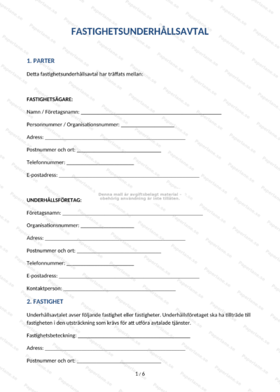 Första sidan av A4-fastighetsunderhållsavtal (sida 1 av 4) med rubriker och paragraftext