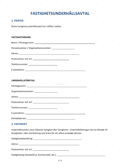 Första sidan av A4-fastighetsunderhållsavtal (sida 1 av 4) med rubriker och paragraftext