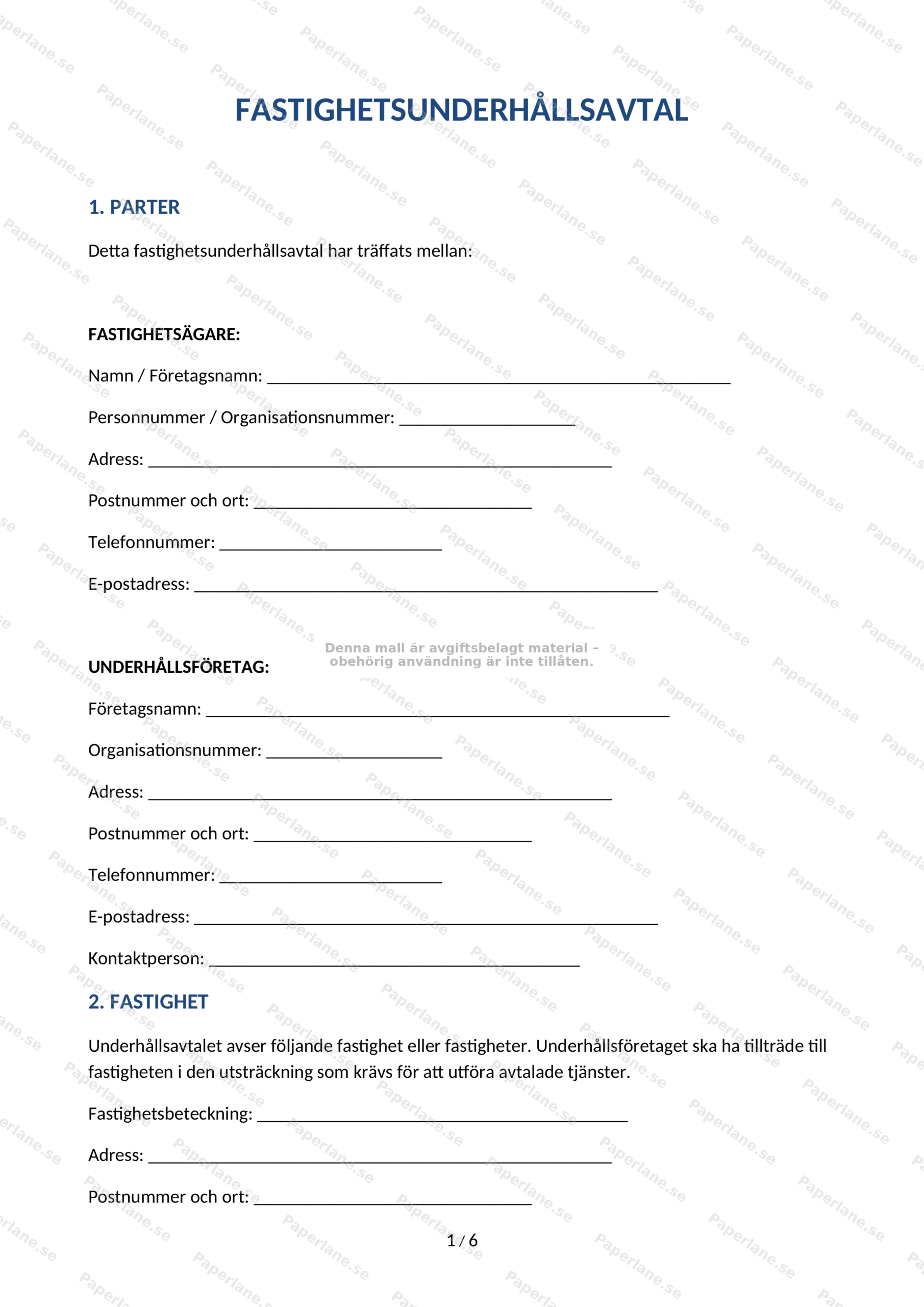 Första sidan av A4-fastighetsunderhållsavtal (sida 1 av 4) med rubriker och paragraftext
