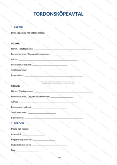 Första sidan av ett fordonsköpeavtal på A4, text och fält för köpare, säljare och fordonets uppgifter