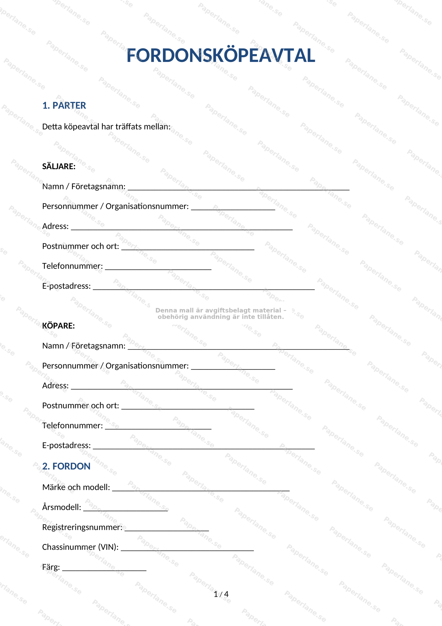Första sidan av ett fordonsköpeavtal på A4, text och fält för köpare, säljare och fordonets uppgifter