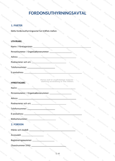Skannad första sida av fordonsuthyrningsavtal (A4), med text, rubriker och utrymme för underskrift.