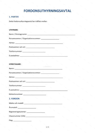 Skannad första sida av fordonsuthyrningsavtal (A4), med text, rubriker och utrymme för underskrift.