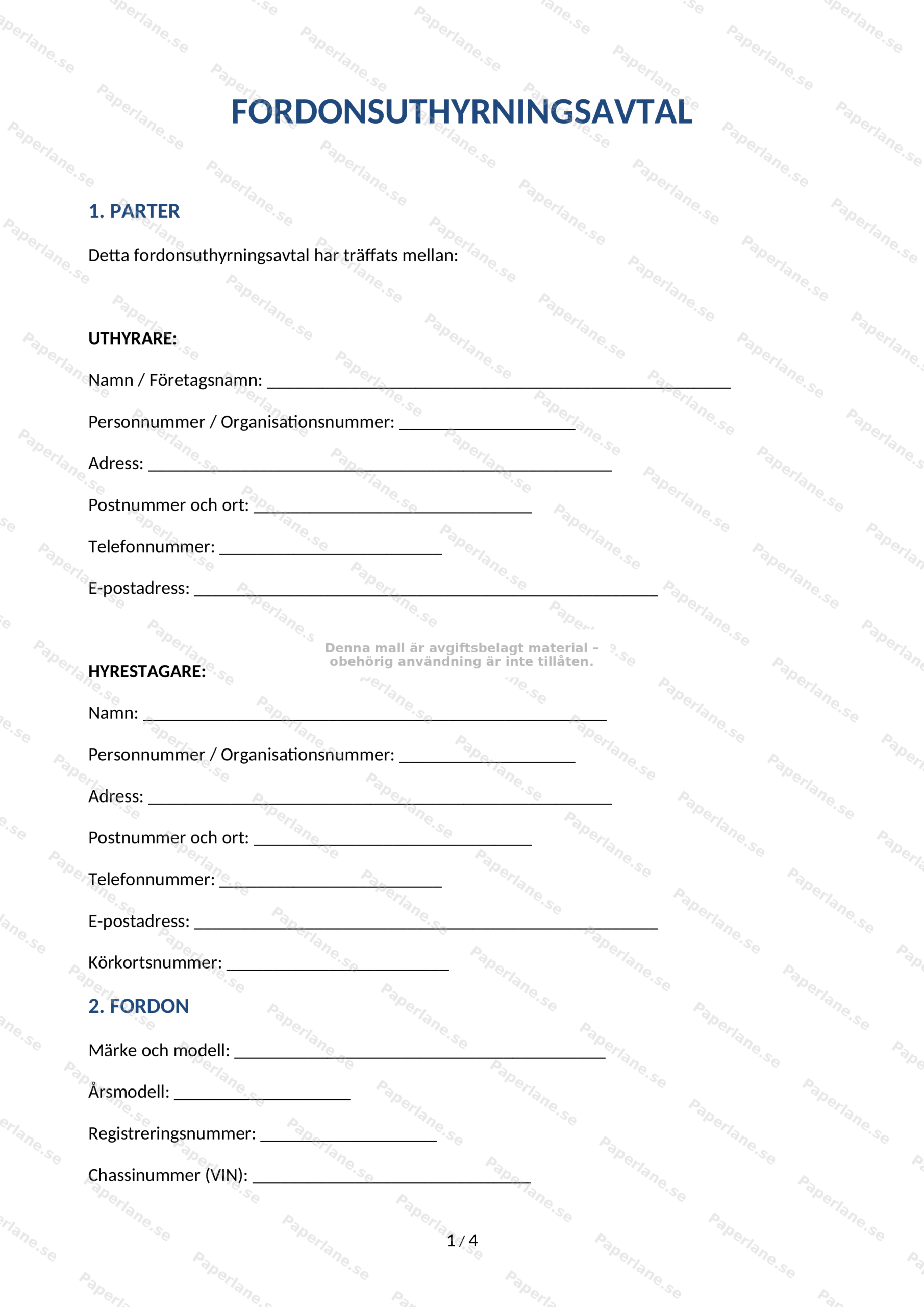 Skannad första sida av fordonsuthyrningsavtal (A4), med text, rubriker och utrymme för underskrift.
