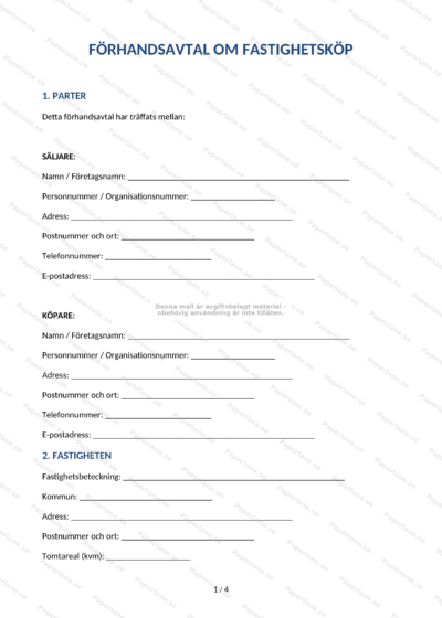 Förhandsavtal för fastighetsköp, A4-dokument sida 1 av 4 med tryckt text och utrymme för underskrifter