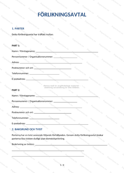 Förlikningsavtal, A4-dokument (sida 1 av 4) med text och underskriftfält
