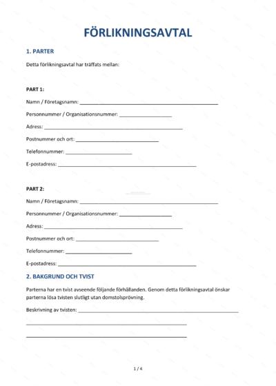 Förlikningsavtal, A4-dokument (sida 1 av 4) med text och underskriftfält