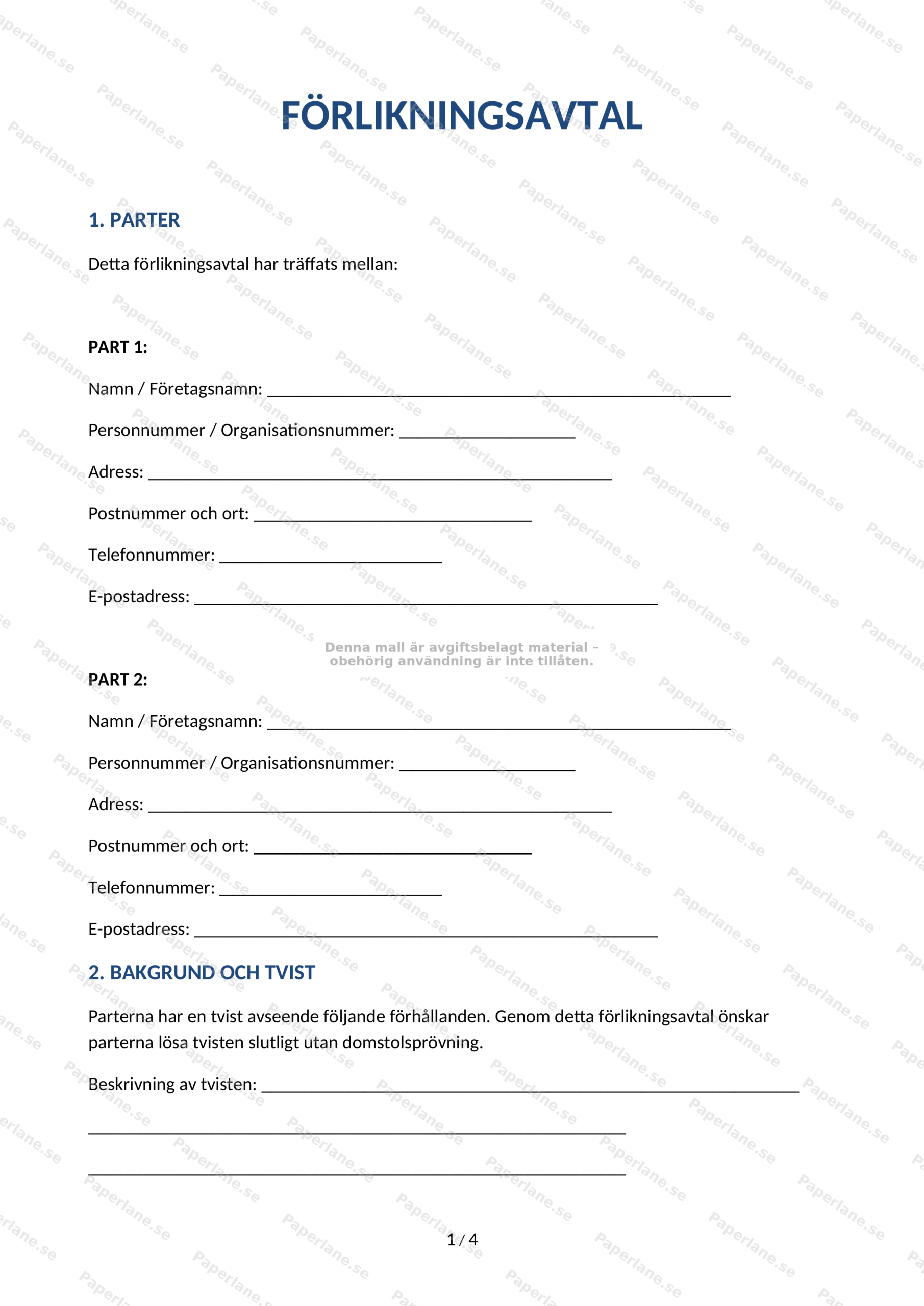 Förlikningsavtal, A4-dokument (sida 1 av 4) med text och underskriftfält