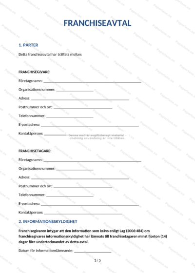 Första sidan av ett A4-franchiseavtal (sida 1 av 4), utskrivet dokument