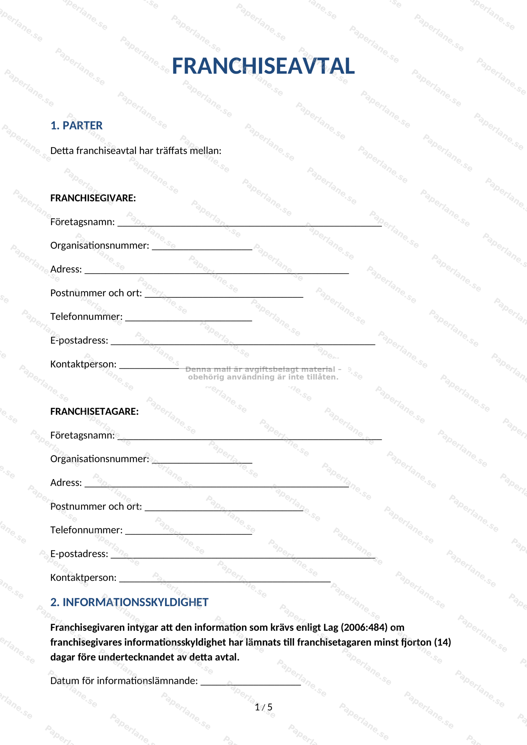 Första sidan av ett A4-franchiseavtal (sida 1 av 4), utskrivet dokument