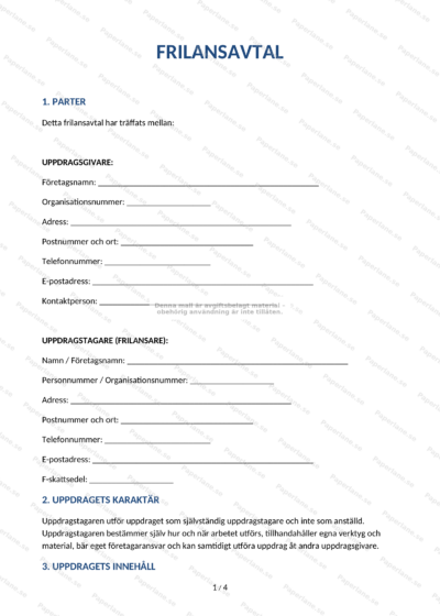 Första sidan av ett frilansavtal på A4 (sida 1 av 4), visad i skalad vy