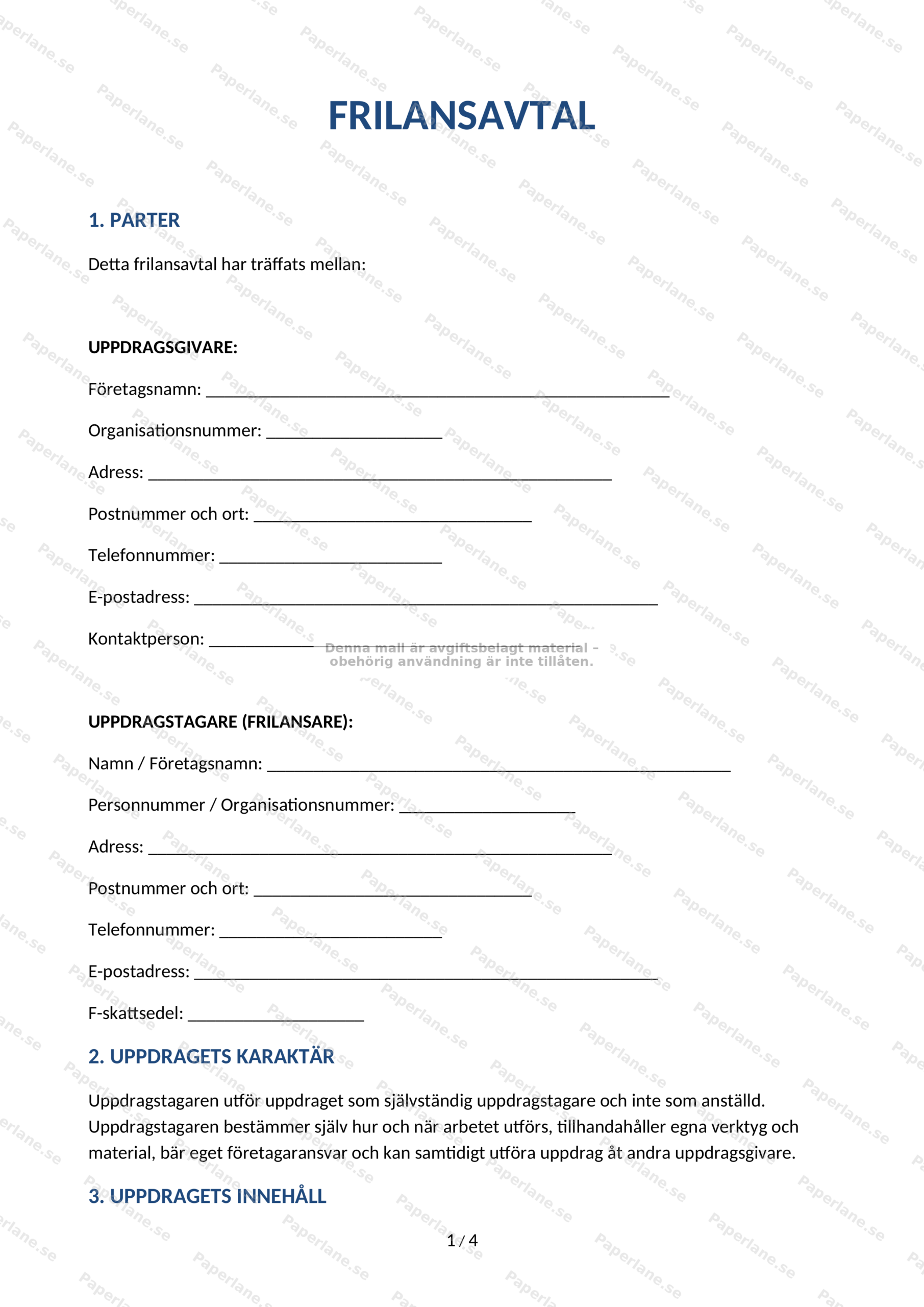 Första sidan av ett frilansavtal på A4 (sida 1 av 4), visad i skalad vy