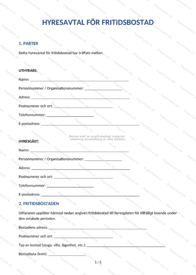 Hyresavtal för fritidsbostad, A4 sida 1 av 4 med text och underskriftsfält