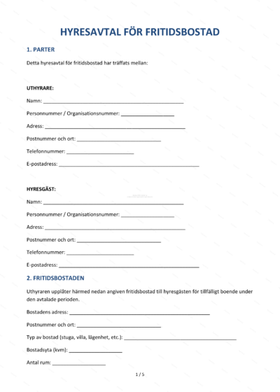 Hyresavtal för fritidsbostad, A4 sida 1 av 4 med text och underskriftsfält