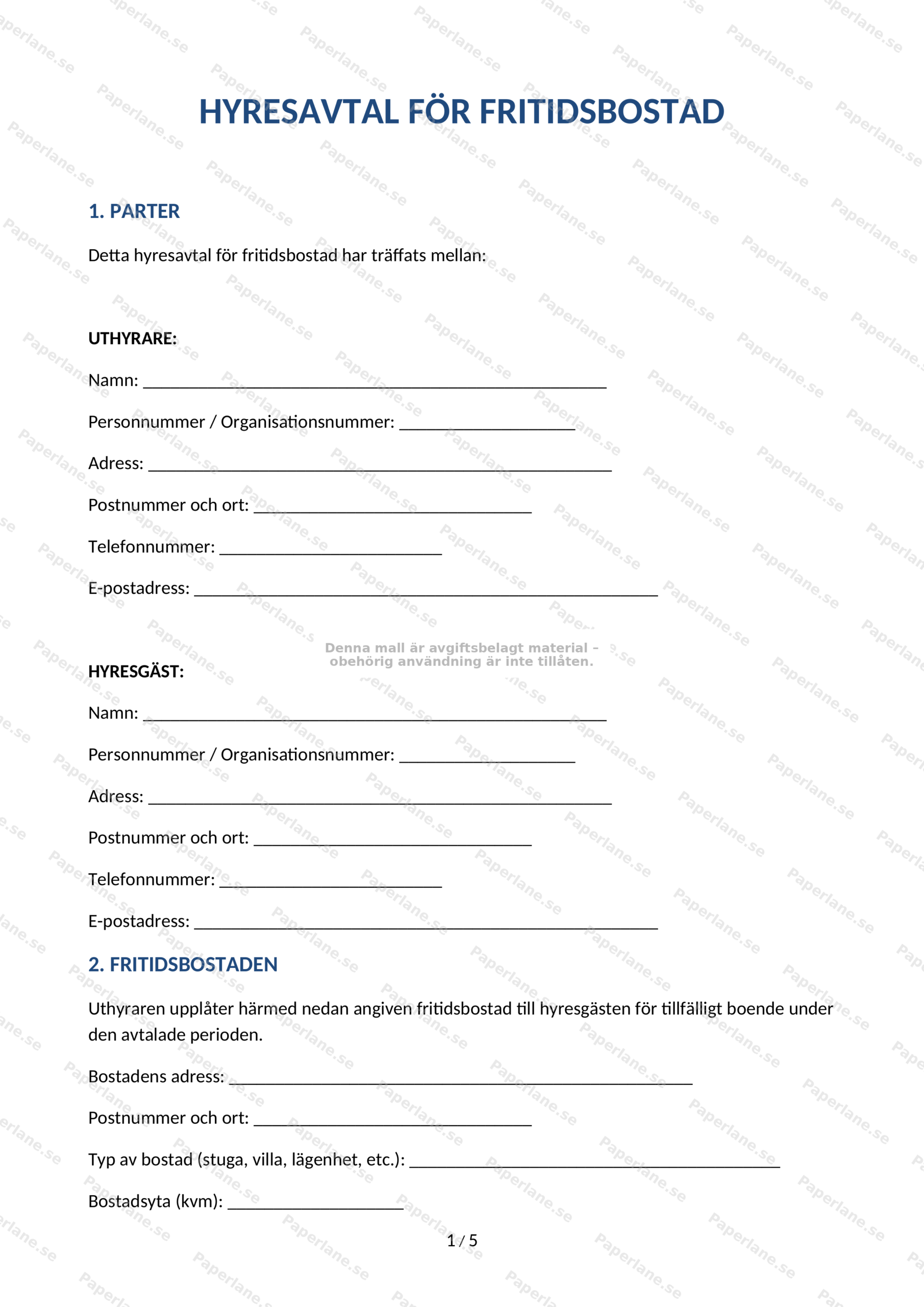 Hyresavtal för fritidsbostad, A4 sida 1 av 4 med text och underskriftsfält