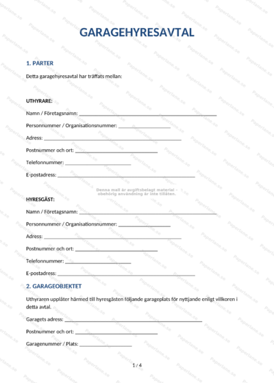 Sida 1 av 4: garagehyresavtal i A4-format, utskrivet kontraktsdokument med text och underskriftsfält