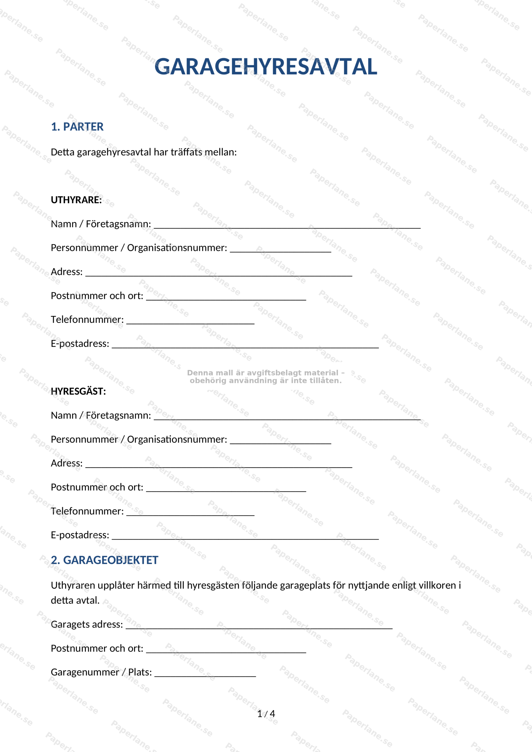 Sida 1 av 4: garagehyresavtal i A4-format, utskrivet kontraktsdokument med text och underskriftsfält