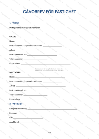 Gåvobrev för fastighet, första sidan (A4), sida 1 av 4, skannat dokument