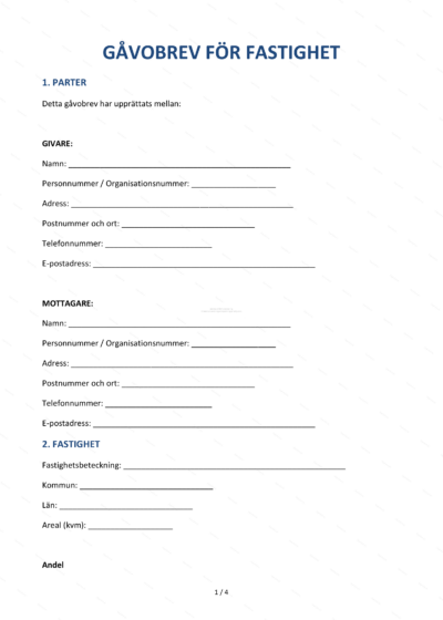 Gåvobrev för fastighet, första sidan (A4), sida 1 av 4, skannat dokument