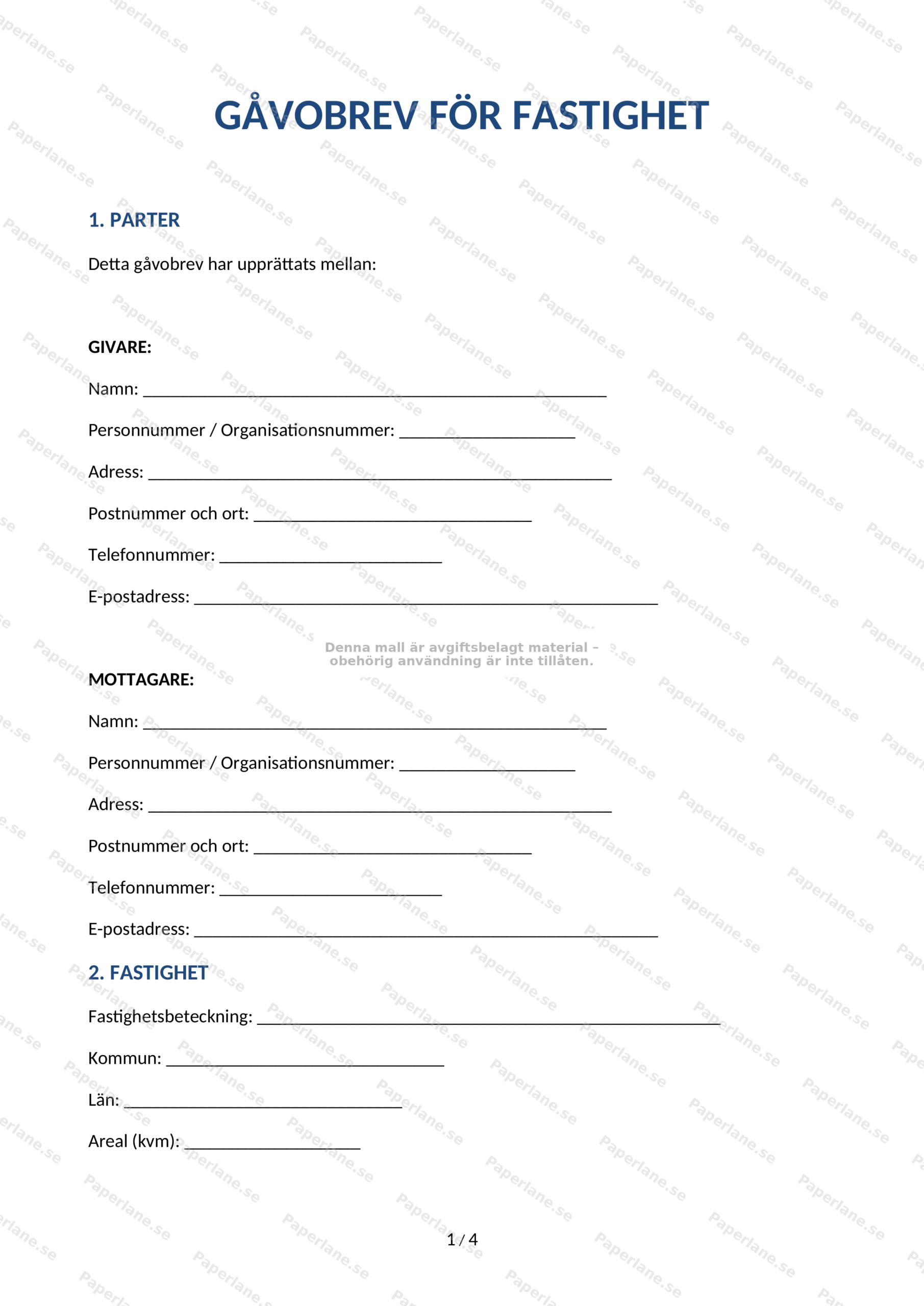 Gåvobrev för fastighet, första sidan (A4), sida 1 av 4, skannat dokument