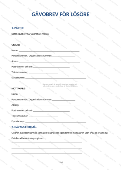 Skannad A4-sida: gåvobrev för lösöre (sida 1 av 4)
