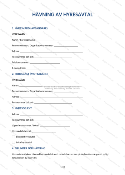 Första sidan av ett A4-dokument om hävning av hyresavtal, sida 1 av 4.