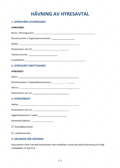 Första sidan av ett A4-dokument om hävning av hyresavtal, sida 1 av 4.