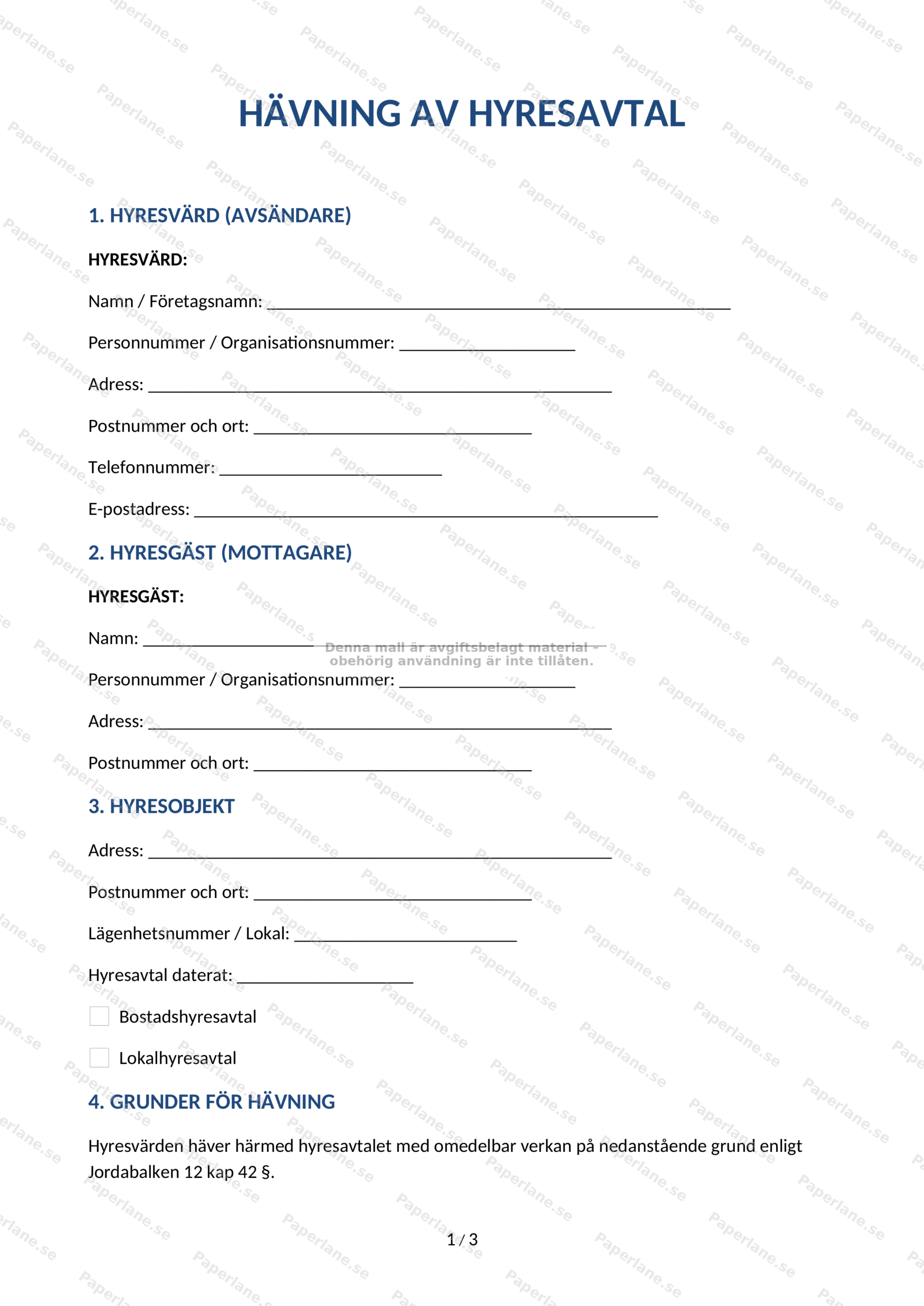 Första sidan av ett A4-dokument om hävning av hyresavtal, sida 1 av 4.