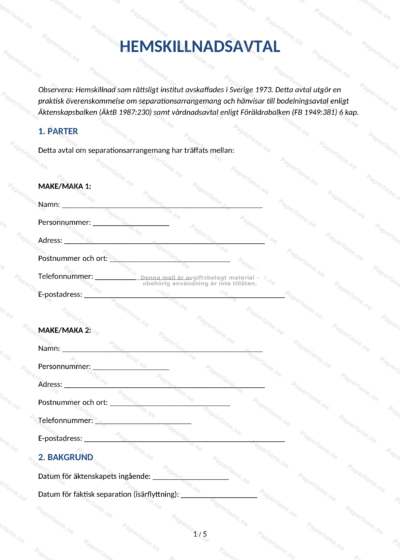 Första sidan av ett hemskillnadsavtal i A4-format med text, rubriker och underskriftsfält