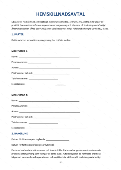 Första sidan av ett hemskillnadsavtal i A4-format med text, rubriker och underskriftsfält