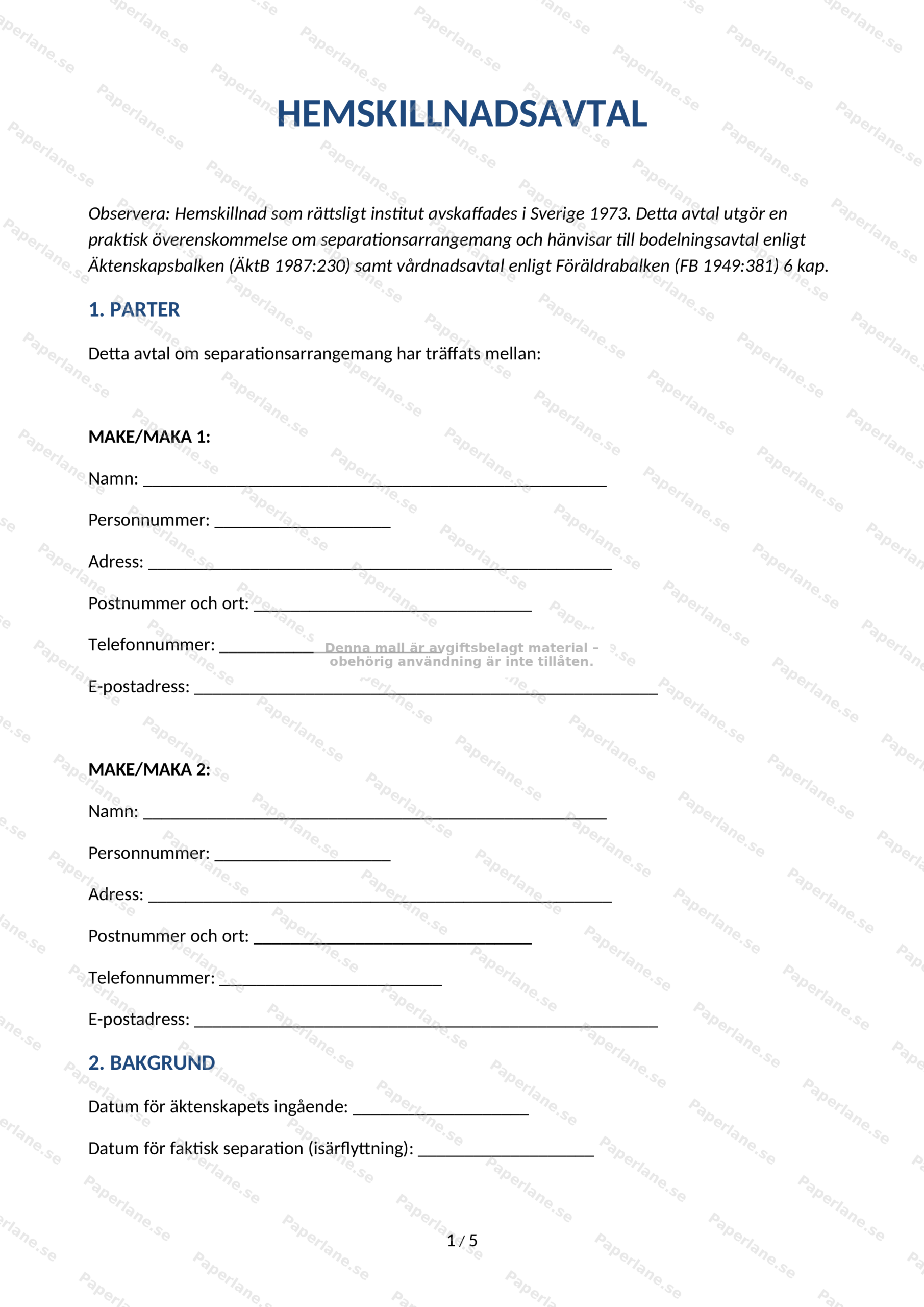 Första sidan av ett hemskillnadsavtal i A4-format med text, rubriker och underskriftsfält