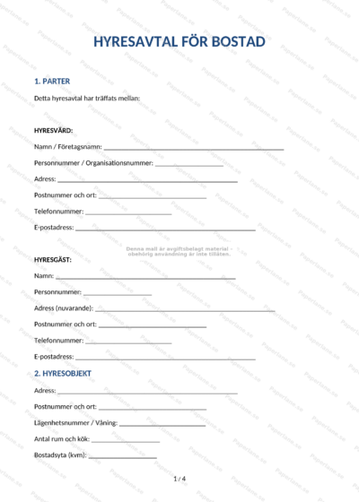 Första sidan av hyresavtal i A4-format med tryckt text och underskriftsfält
