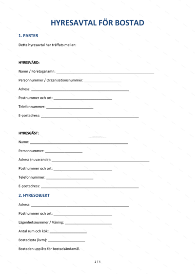 Första sidan av hyresavtal i A4-format med tryckt text och underskriftsfält