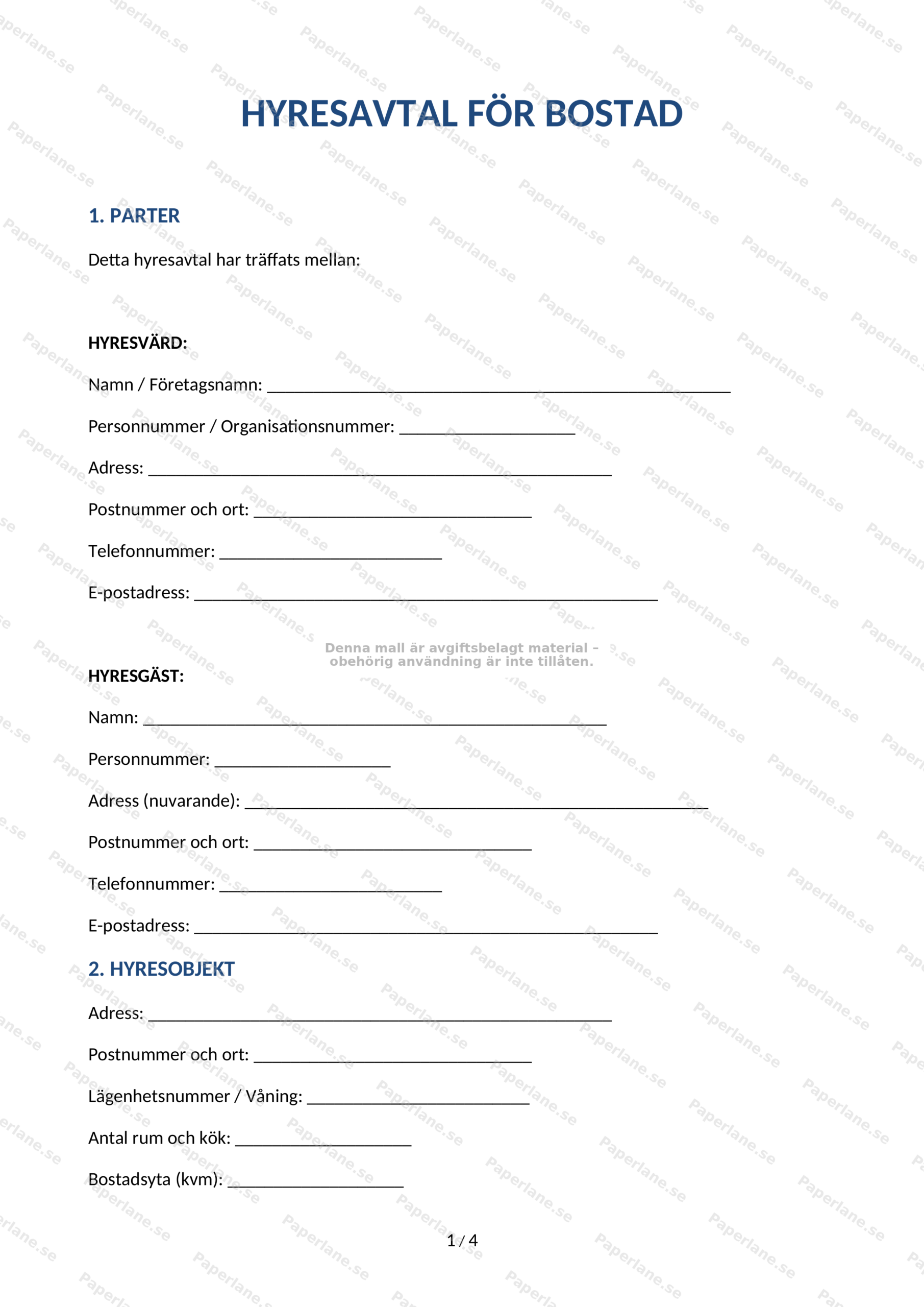 Första sidan av hyresavtal i A4-format med tryckt text och underskriftsfält