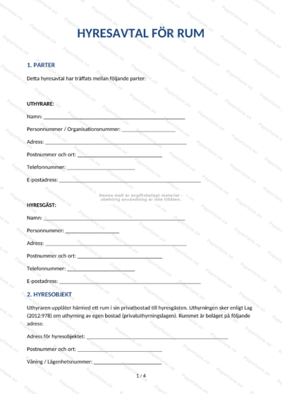 Första sidan av hyresavtal för ett rum på A4-papper, skannad bild