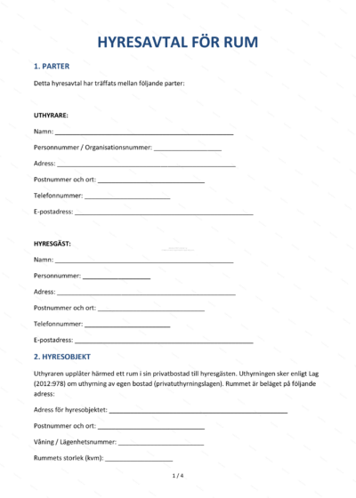 Första sidan av hyresavtal för ett rum på A4-papper, skannad bild